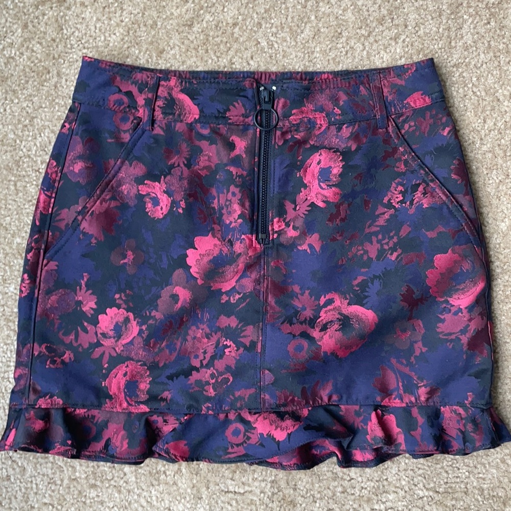 Deep Red Floral Ruffled Bodycon Skirt